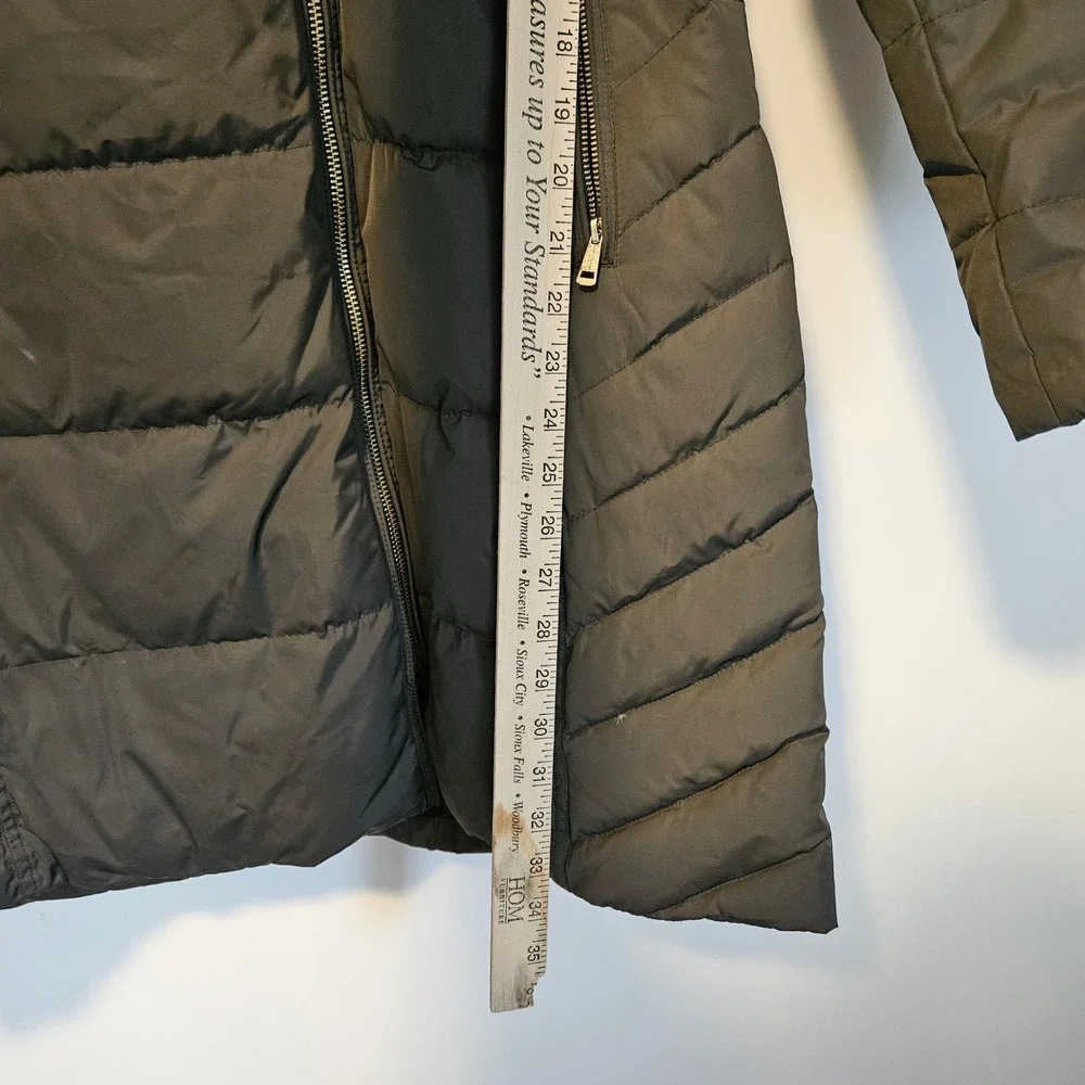 Cole Haan Signature Long Puffer Coat L Olive Green Down Faux Fur Hood Quilted